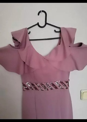 Uzun pembe Drapeli V Yaka Abiye Elbise - Görsel 5