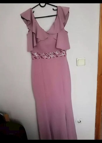 Uzun pembe Drapeli V Yaka Abiye Elbise - Görsel 2