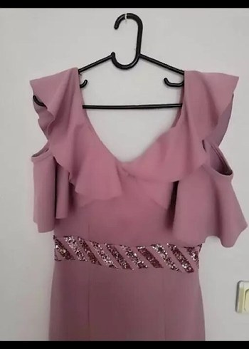 Uzun pembe Drapeli V Yaka Abiye Elbise - Görsel 6