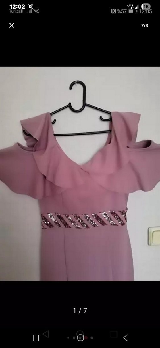 Uzun pembe Drapeli V Yaka Abiye Elbise - Görsel 5