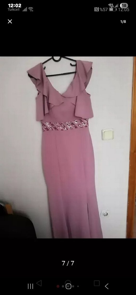 Uzun pembe Drapeli V Yaka Abiye Elbise - Görsel 2