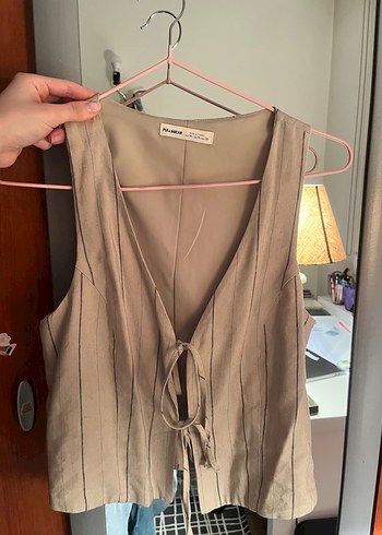 Bej Çizgili Keten Mini Yelek - Görsel 4