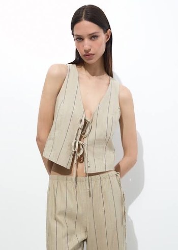 Bej Çizgili Keten Mini Yelek - Görsel 2
