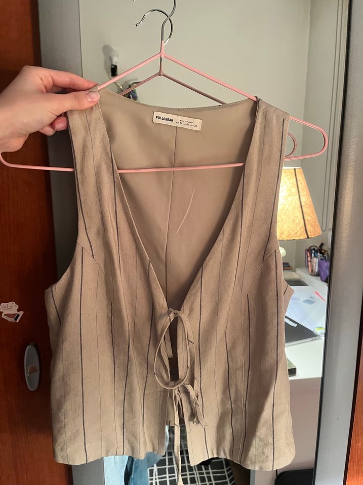 Bej Çizgili Keten Mini Yelek - Görsel 4