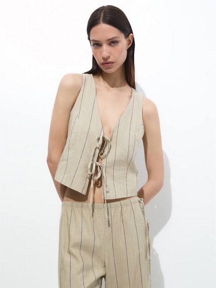 Bej Çizgili Keten Mini Yelek - Görsel 2
