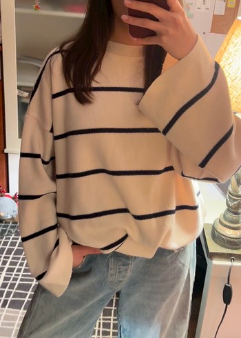 Bej Çizgili Oversize Kadın Triko Kazak - Görsel 2