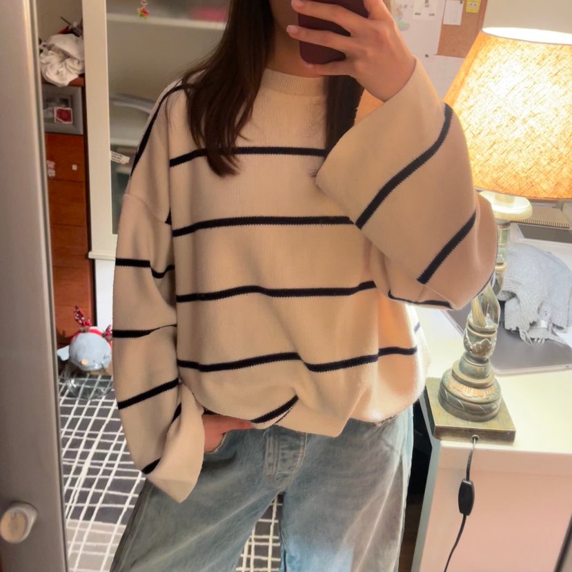 Bej Çizgili Oversize Kadın Triko Kazak - Görsel 2