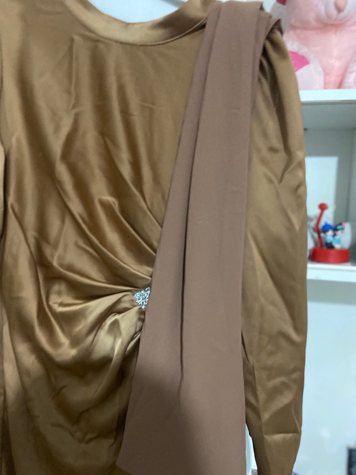 Kahverengi Drapeli Uzun Kadın Abiye Elbise - Görsel 3