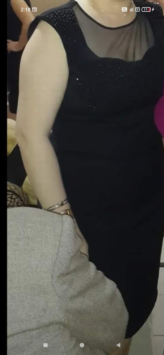 Siyah yakası siyah inci detaylı abiye midi boy elbise - Görsel 3