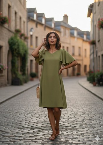 Haki V Yaka Salaş  Elbise - Görsel 4