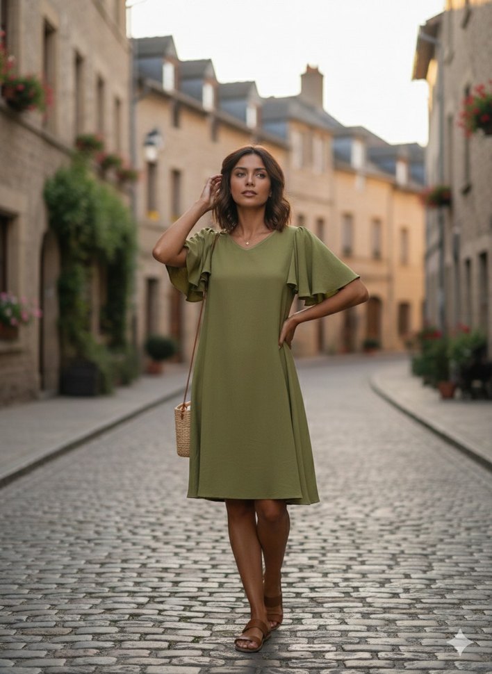 Haki V Yaka Salaş  Elbise - Görsel 4