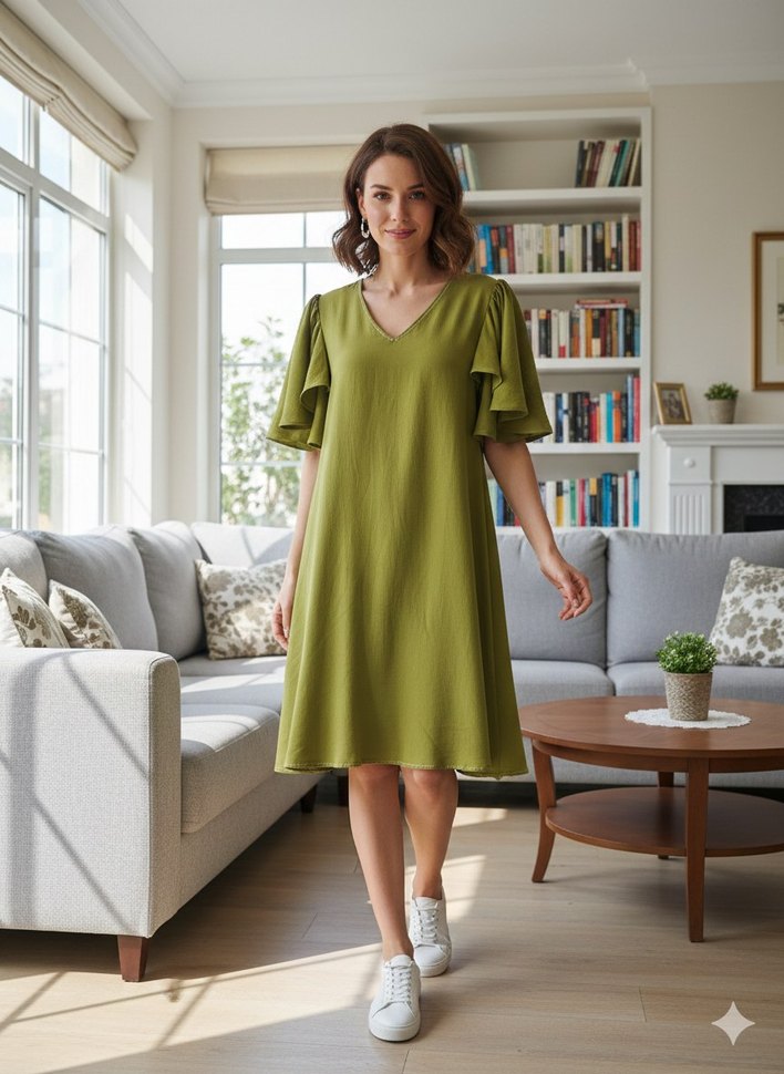 Haki V Yaka Salaş  Elbise - Görsel 3