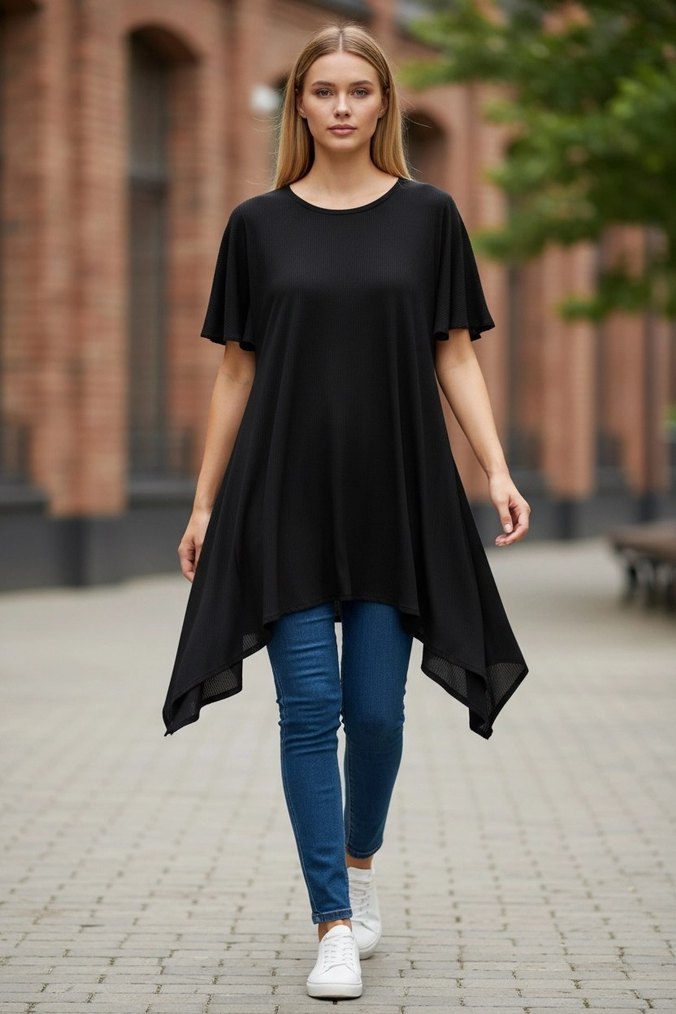 Siyah Midi Salaş Drapeli Elbise - Görsel 2