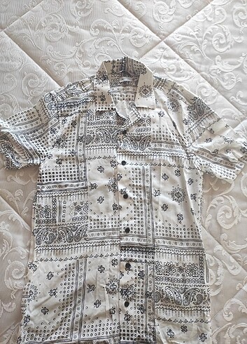 Oversize Fit Şal Desenli Kısa Kollu Viskon Gömlek