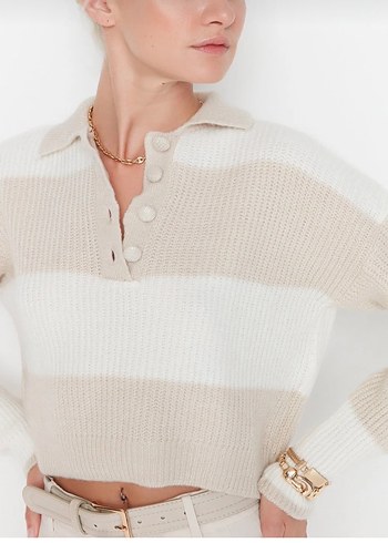 Düğmeli Bej Çizgili Triko Kadın Kazak - Görsel 2