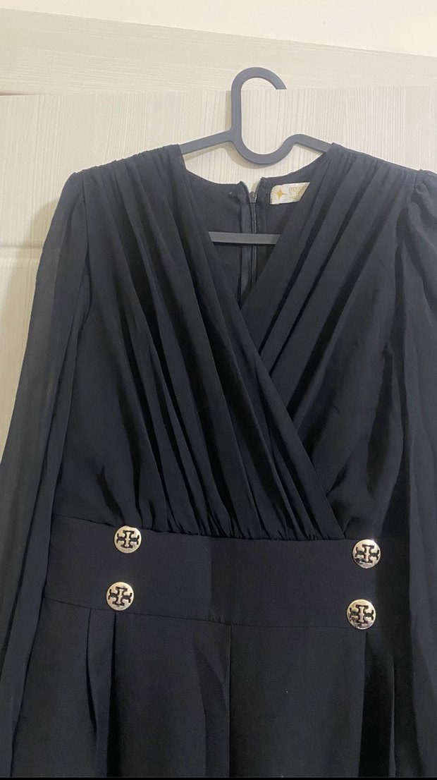 Düğmeli Siyah Uzun Kadın Tulum - Görsel 2