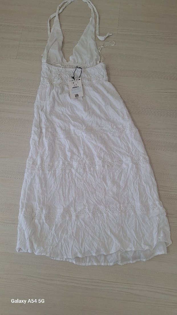 Bohem V Yakalı Beyaz Keten Uzun Elbise - Görsel 2