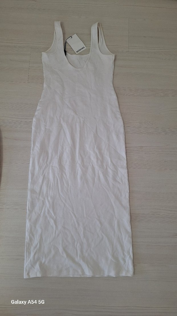 V Yaka Beyaz Kolsuz Keten Uzun Elbise - Görsel 2