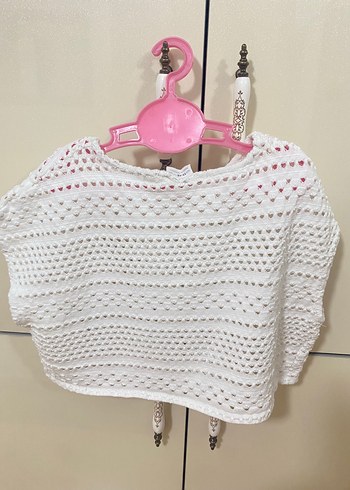 Kız Çocuk Beyaz Nakışlı Örgü Panço - Görsel 2