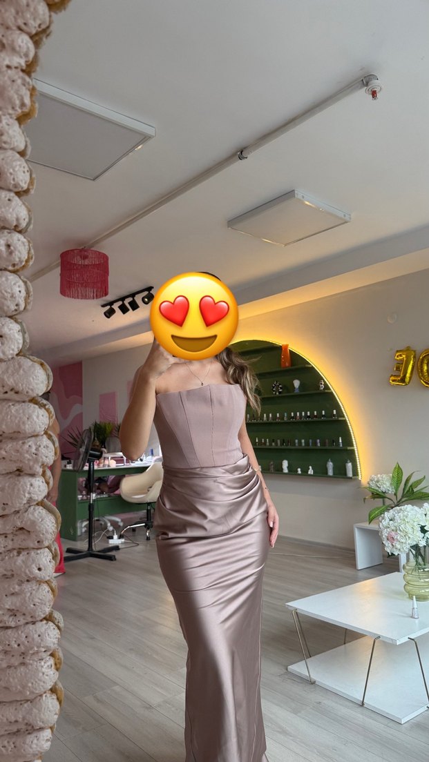 Bej Drapeli Uzun Abiye Elbise - Görsel 3