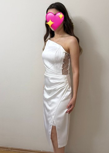 Beyaz Straplez Drapeli Midi Abiye - Görsel 2