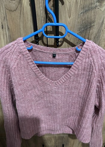 Pembe V Yaka Örgü Kadın Kazak - Görsel 2