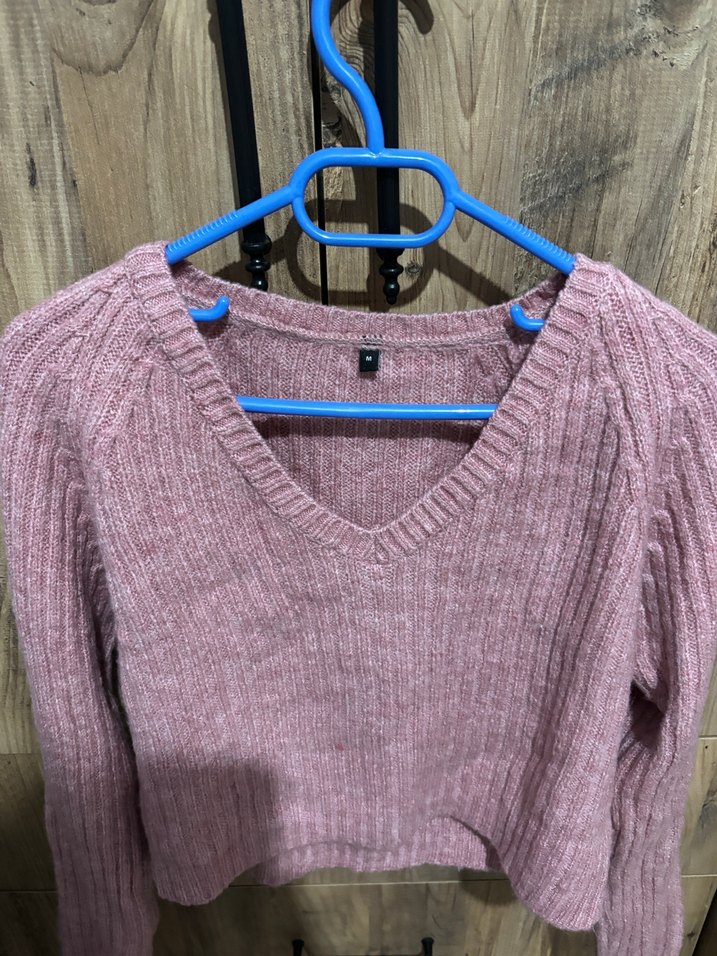 Pembe V Yaka Örgü Kadın Kazak - Görsel 2