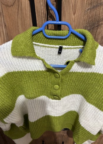 Yeşil Beyaz Örgü Polo Yaka Kadın Kazak - Görsel 2