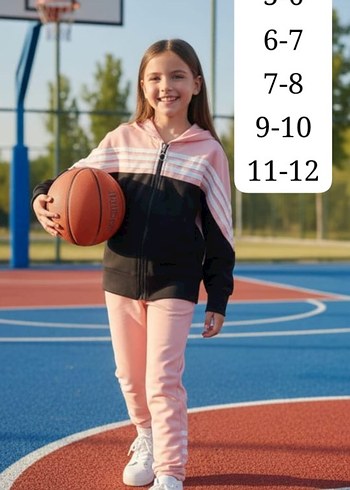 Kız Çocuk Pembe Kapüşonlu Fermuarlı Eşofman Takımı 6-7 yaş - Görsel 2