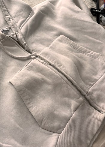 s Beden Fermuarlı Beyaz Kapüşonlu Sweatshirt