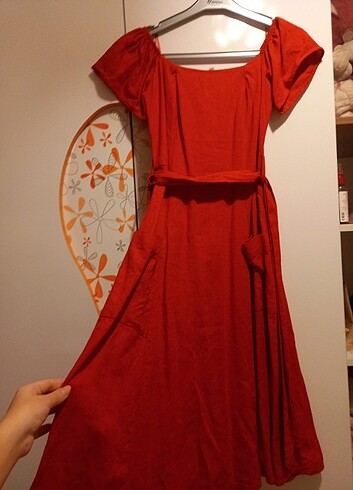 Kırmızı uzun keten elbise 
