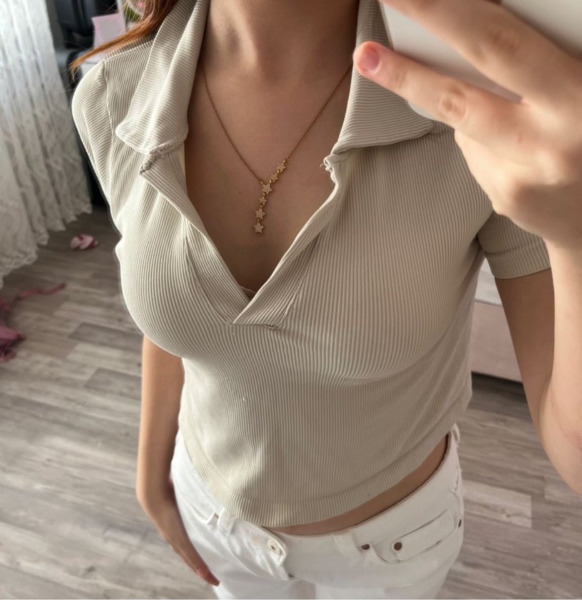 Ekru Fitilli Polo Yaka Bluz — görsel 2/3
