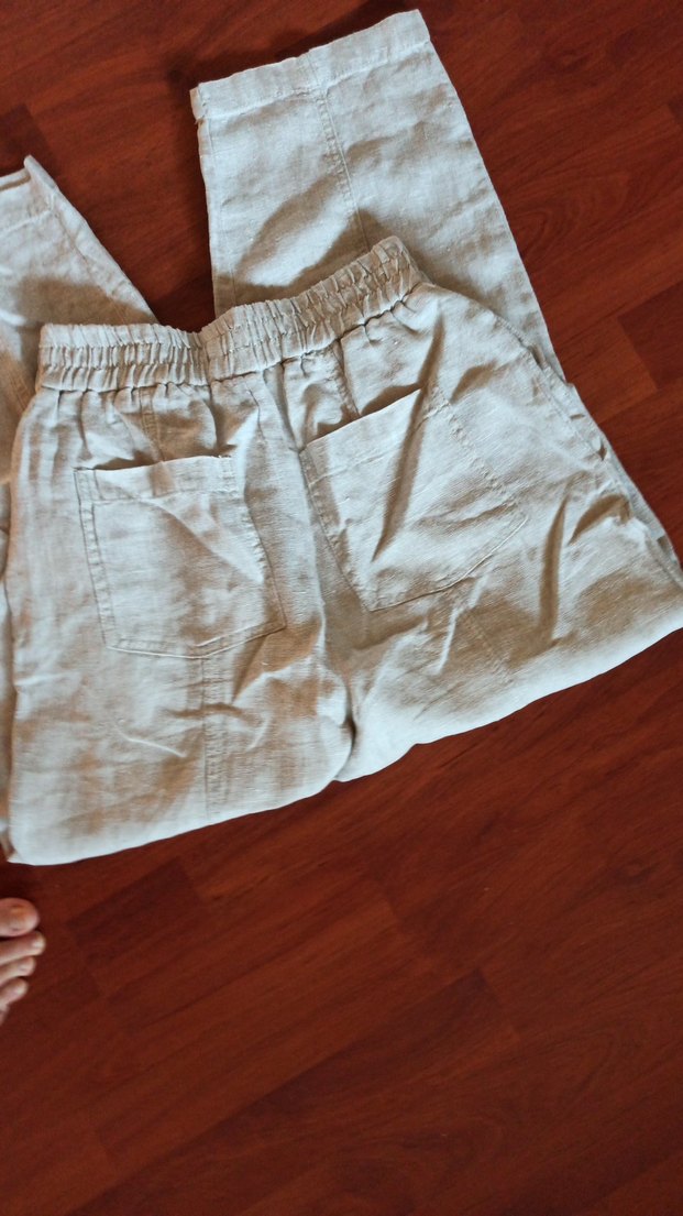 Bej Keten Rahat Kesim Kadın Pantolon - Görsel 3