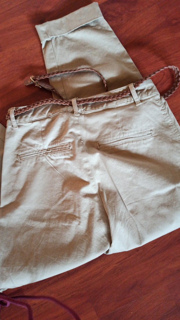 Kadın Bej Pamuklu Kemerli Salaş Pantolon - Görsel 3