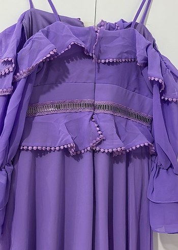 Mor V Yaka Fırfırlı Uzun Kadın Elbise - Görsel 6