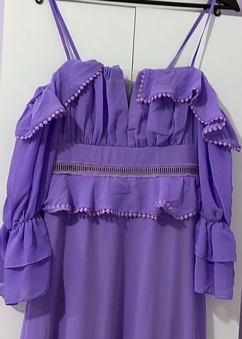Mor V Yaka Fırfırlı Uzun Kadın Elbise - Görsel 3