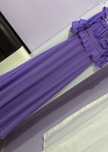 Mor V Yaka Fırfırlı Uzun Kadın Elbise - Görsel 2