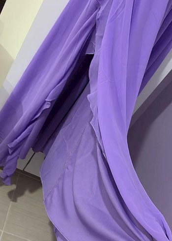 Mor V Yaka Fırfırlı Uzun Kadın Elbise - Görsel 5