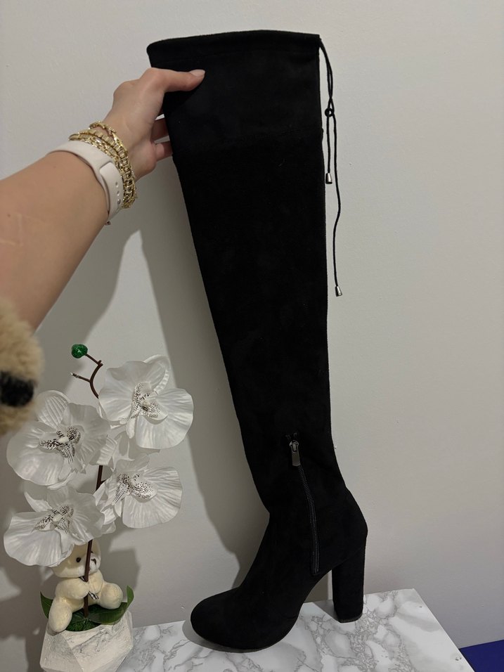 İpekyol Siyah Süet Diz Üstü Topuklu Çizme - Görsel 2