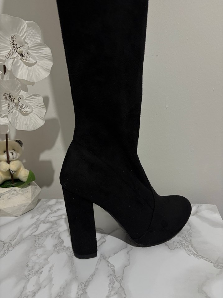 İpekyol Siyah Süet Diz Üstü Topuklu Çizme - Görsel 4