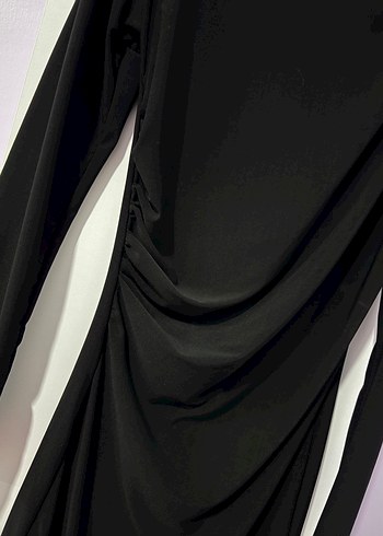 Siyah Uzun Kollu Yüksek Yakalı Drapeli Elbise - Görsel 2