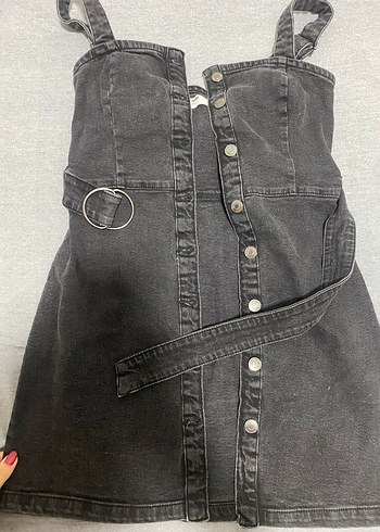 Bershka Düğmeli Siyah Kadın Denim Mini Elbise