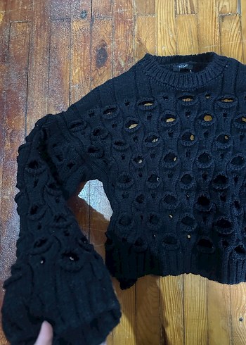 Delikli Siyah Örgü Kazak - Görsel 7