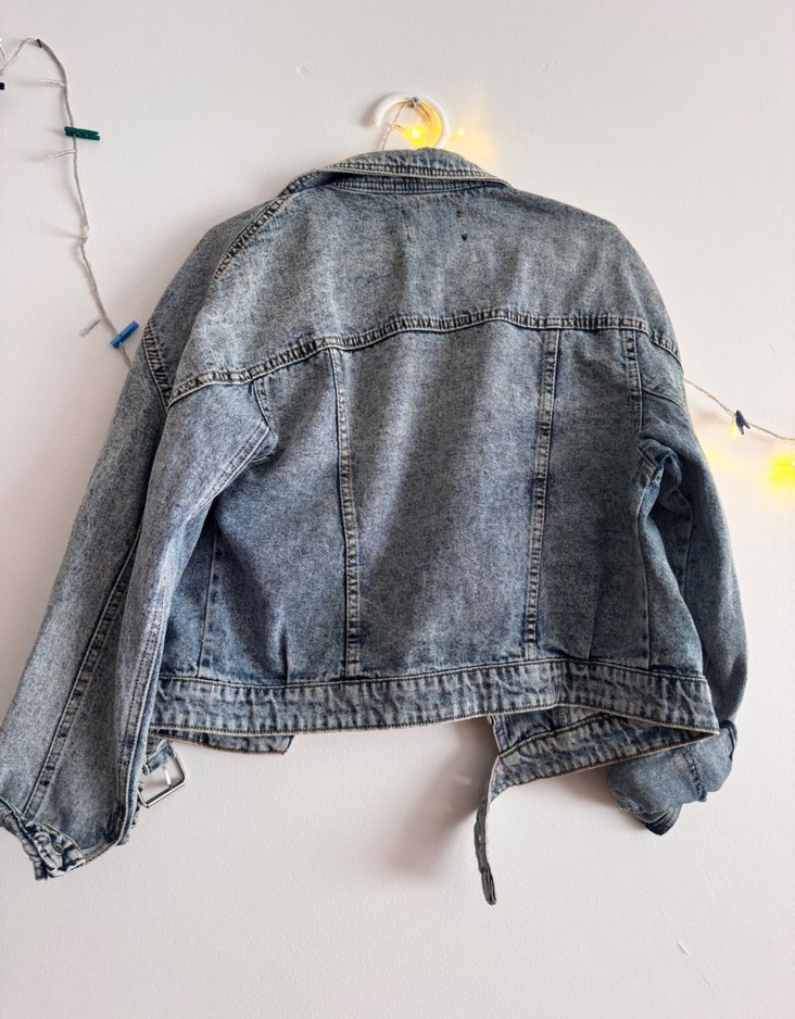 Kadın Gri Bağlamalı Salaş Denim Ceket - Görsel 3