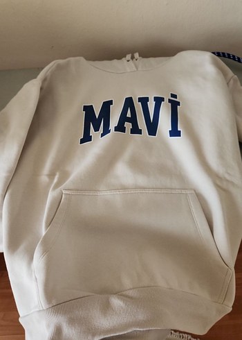 Beyaz Kapüşonlu Mavi Baskılı Sweatshirt - Görsel 2