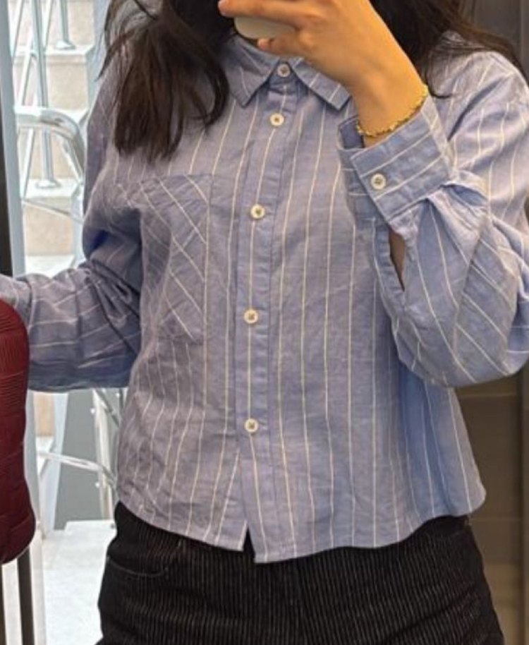 Düğmeli Kısa Kollu Mavi Keten Gömlek - Görsel 3