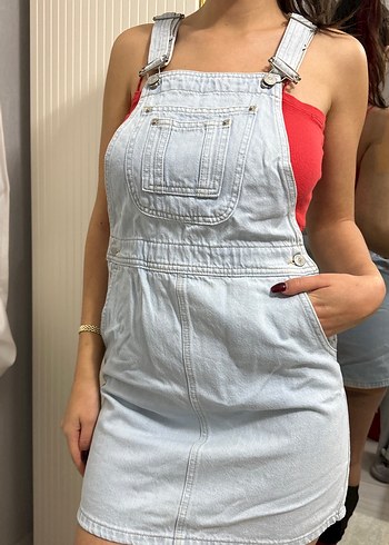 Gri Denim Midi Straplez Kısa Tulum - Görsel 5