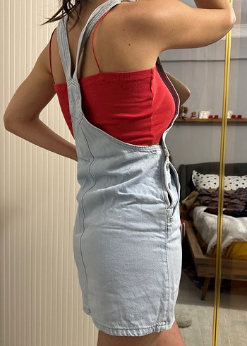 Gri Denim Midi Straplez Kısa Tulum - Görsel 2