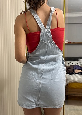 Gri Denim Midi Straplez Kısa Tulum - Görsel 4