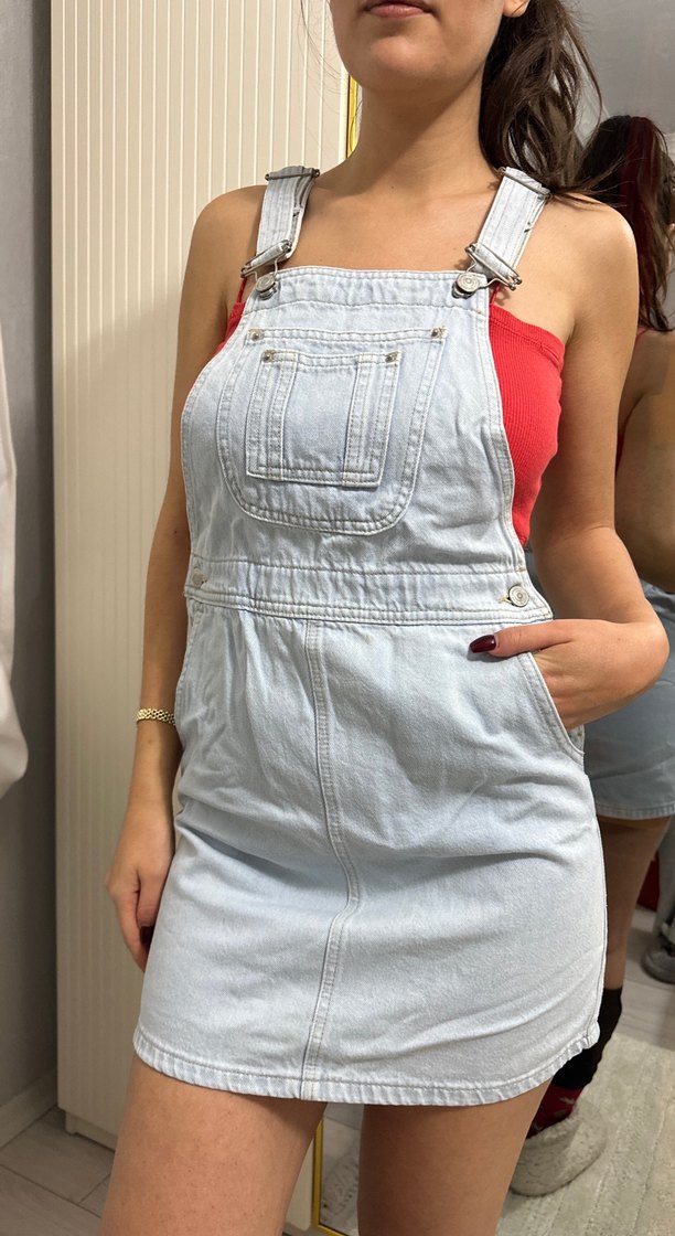 Gri Denim Midi Straplez Kısa Tulum - Görsel 5